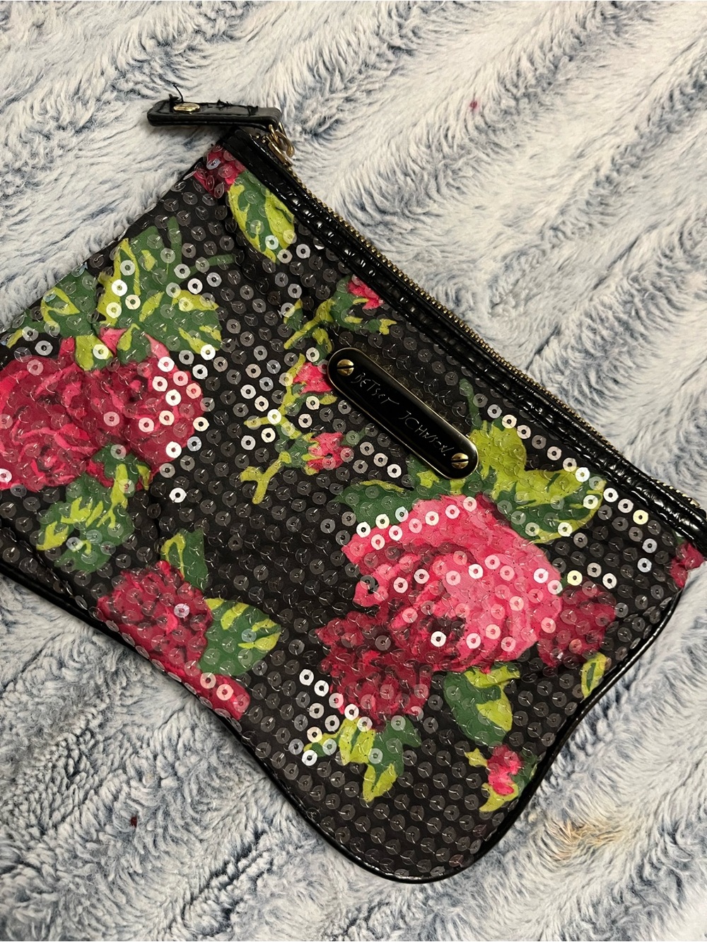 Vintage Betsey Johnson Black Sequin Cosmetic Case with Pink Roses